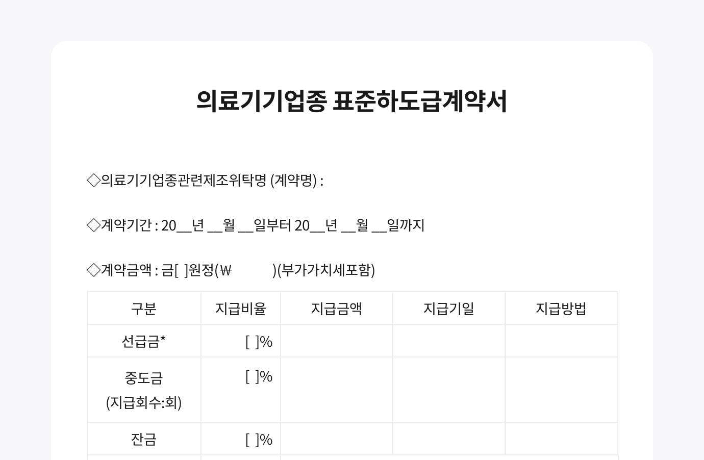왙싸인 에디터로 작성한 공정거래위원회에서 제공하는 의료기기업종 표준하도급계약서 서식입니다. 이미지